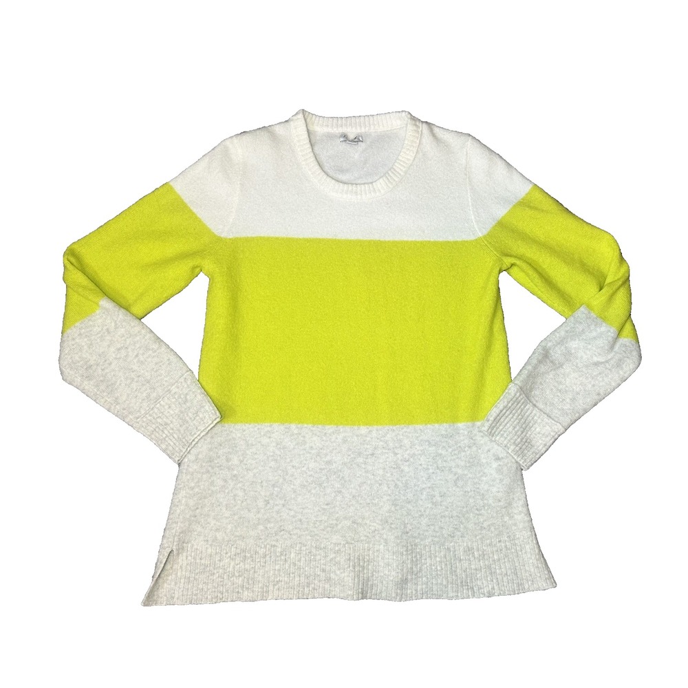J. Crew Women's MEDIUM Colorblock Crewneck Sweater Bright Stripe Lime Gray Cream